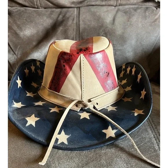 American Flag Cowboy Bull Hide Hat Star Brim Size Small - Picture 3 of 9